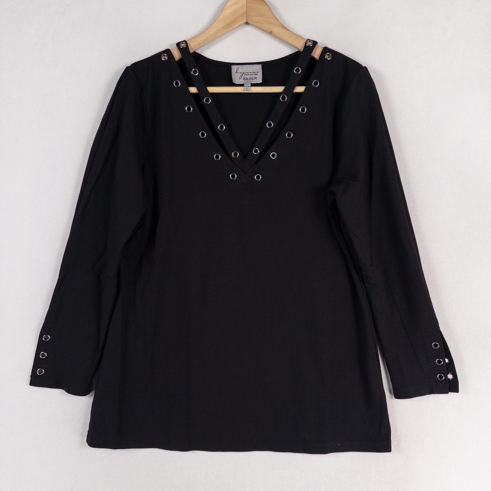 Lynn Ritchie Silver Top Womens Sz Large Black Stretch Knit Grommets V Neck
